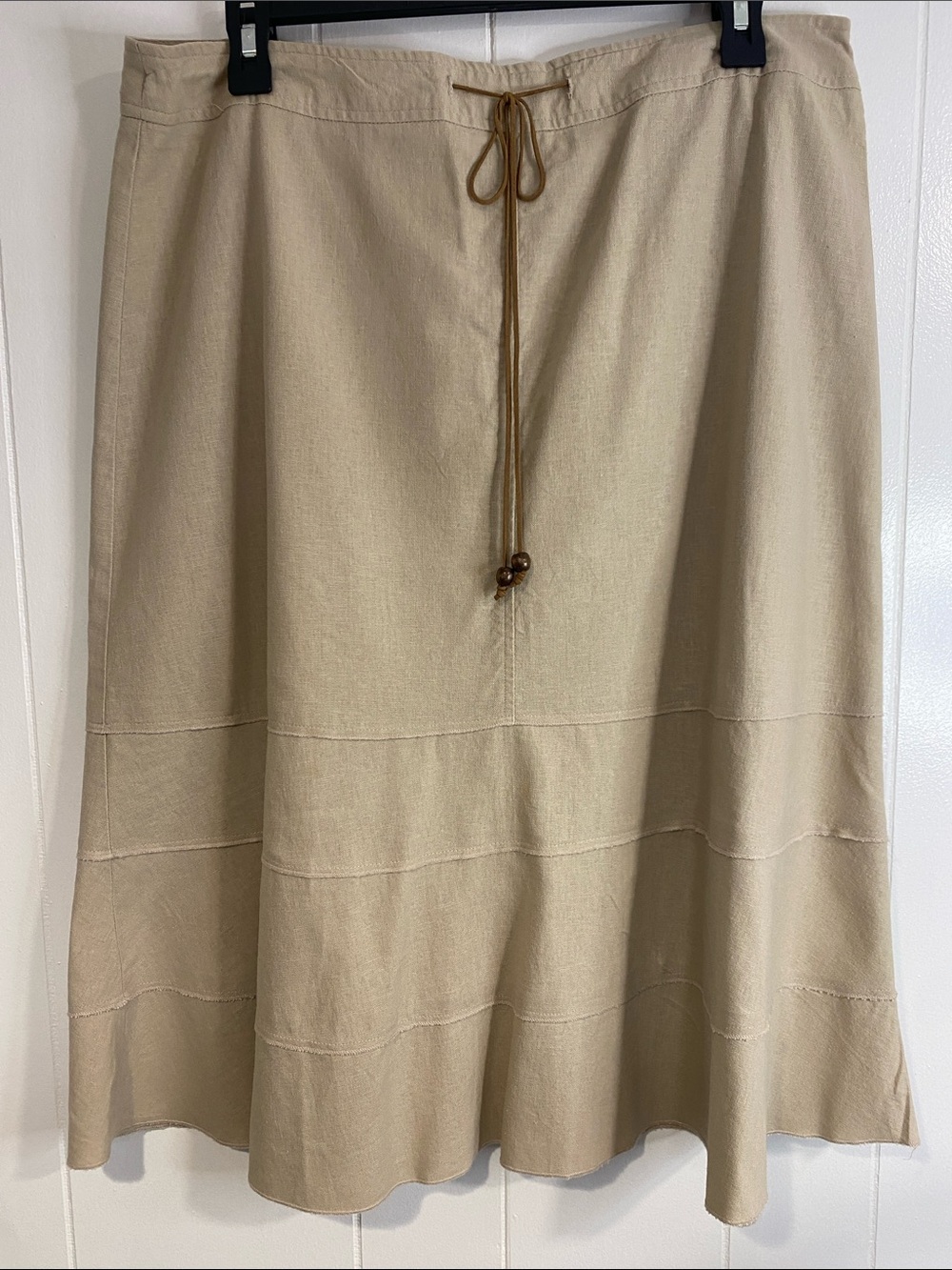 Linen Blend Tiered Midi Skirt Beige Boho Western Cowgirl Drawstring Size 12